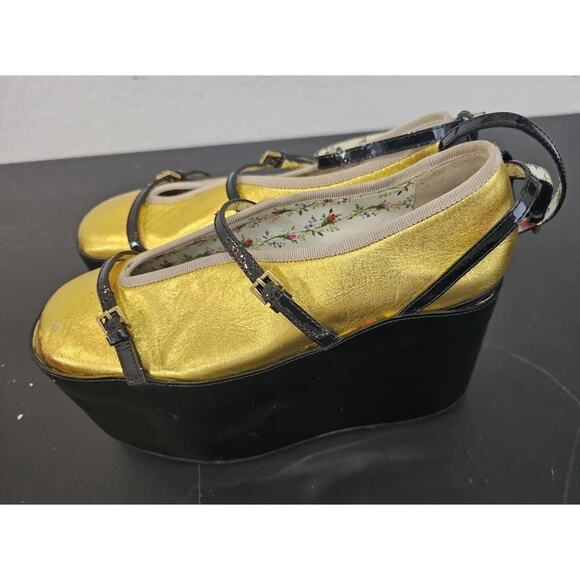 Gucci Hannelore Heels Womens Sz 35.5 Gold Leather Ballerinas w/ Ballet Platforms - Picture 1 of 14